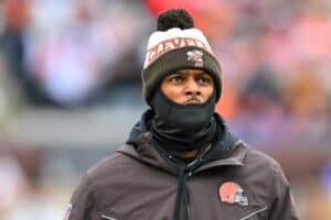 Deshaun Watson #4 of the Cleveland Browns looks on during the first half against the San Francisco 49ers at Cleveland Browns Stadium on October 15, 2023 in Cleveland, Ohio.