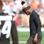 Deshaun Watson #4 of the Cleveland Browns walks towards the sidelines during the second half against the Baltimore Ravens at Cleveland Browns Stadium on October 01, 2023 in Cleveland, Ohio.
