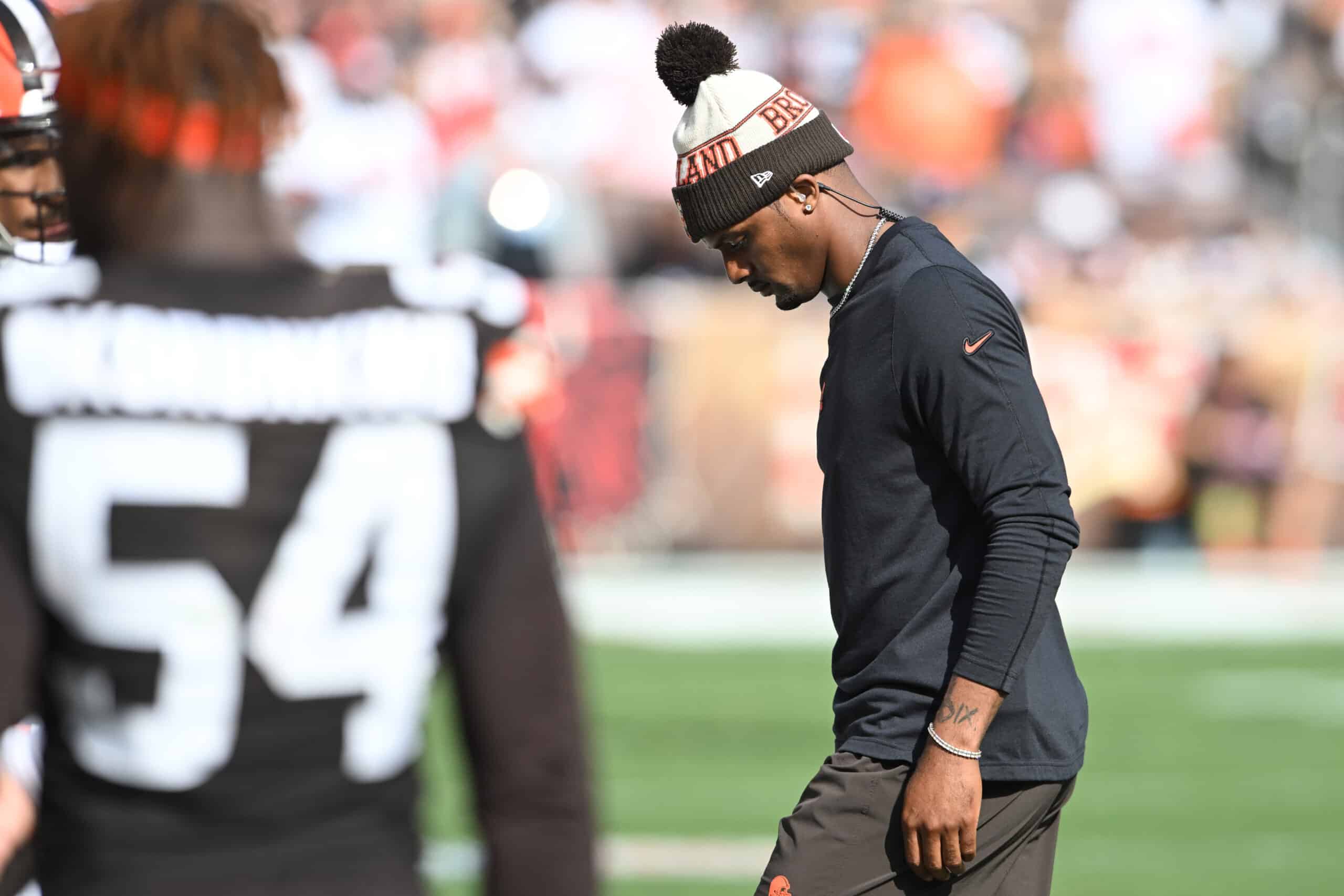 Deshaun Watson #4 of the Cleveland Browns walks towards the sidelines during the second half against the Baltimore Ravens at Cleveland Browns Stadium on October 01, 2023 in Cleveland, Ohio.