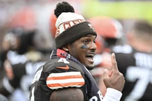 atson #4 of the Cleveland Browns celebrates a win over the Tennessee Titans at Cleveland Browns Stadium on September 24, 2023 in Cleveland, Ohio.