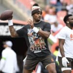 Deshaun Watson #4 of the Cleveland Browns warms up prior to the game against the Tennessee Titans at Cleveland Browns Stadium on September 24, 2023 in Cleveland, Ohio.
