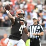 Deshaun Watson #4 of the Cleveland Browns throws a pass during the fourth quarter of a game against the Tennessee Titans at Cleveland Browns Stadium on September 24, 2023 in Cleveland, Ohio.