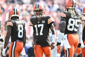 Dorian Thompson-Robinson #17 of the Cleveland Browns reacts after a play during the second half against the Baltimore Ravens at Cleveland Browns Stadium on October 01, 2023 in Cleveland, Ohio.
