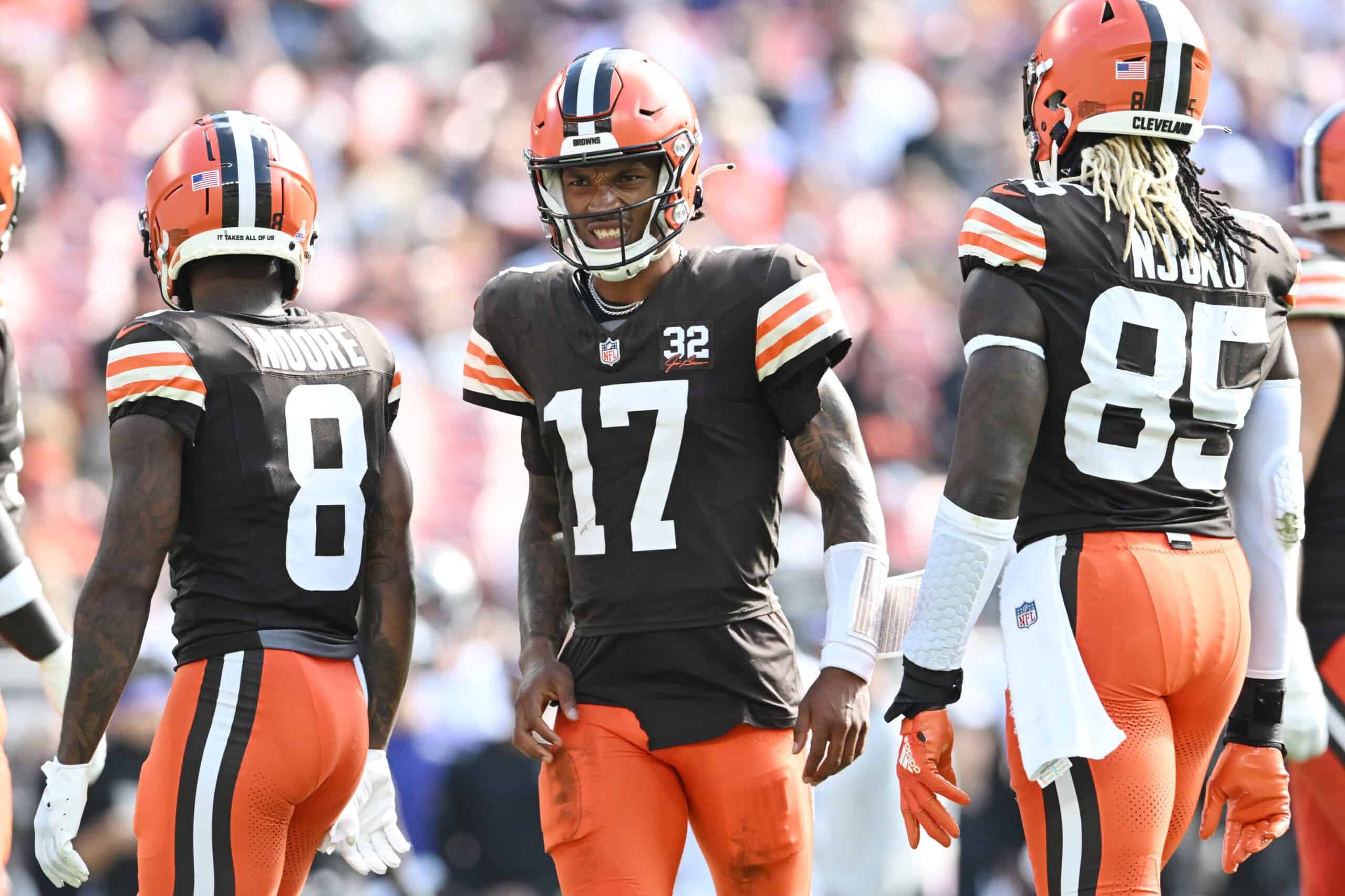 Dorian Thompson-Robinson #17 of the Cleveland Browns reacts after a play during the second half against the Baltimore Ravens at Cleveland Browns Stadium on October 01, 2023 in Cleveland, Ohio.