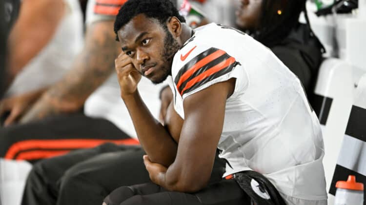 Amari Cooper #2 of the Cleveland Browns looks on during the second half of a preseason game against the Washington Commanders at Cleveland Browns Stadium on August 11, 2023 in Cleveland, Ohio.