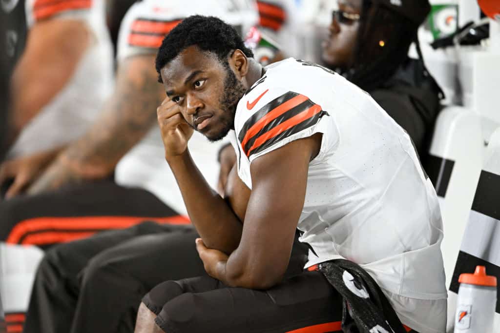 Amari Cooper #2 of the Cleveland Browns looks on during the second half of a preseason game against the Washington Commanders at Cleveland Browns Stadium on August 11, 2023 in Cleveland, Ohio.