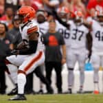 Rodney McLeod #26 of the Cleveland Browns intercepts a first quarter pass against the Kansas City Chiefs during a preseason game at GEHA Field at Arrowhead Stadium on August 26, 2023 in Kansas City, Missouri.