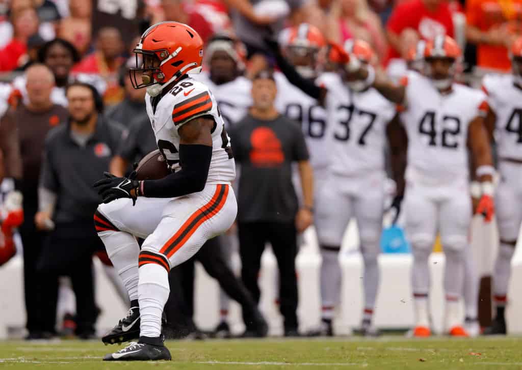 Rodney McLeod #26 of the Cleveland Browns intercepts a first quarter pass against the Kansas City Chiefs during a preseason game at GEHA Field at Arrowhead Stadium on August 26, 2023 in Kansas City, Missouri.