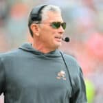 Defensive Coordinator Jim Schwartz of the Cleveland Browns looks on during the first half in the game against the Tennessee Titans at Cleveland Browns Stadium on September 24, 2023 in Cleveland, Ohio.