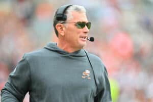 Defensive Coordinator Jim Schwartz of the Cleveland Browns looks on during the first half in the game against the Tennessee Titans at Cleveland Browns Stadium on September 24, 2023 in Cleveland, Ohio.