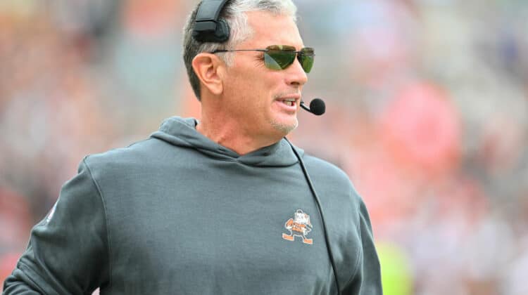 Defensive Coordinator Jim Schwartz of the Cleveland Browns looks on during the first half in the game against the Tennessee Titans at Cleveland Browns Stadium on September 24, 2023 in Cleveland, Ohio.
