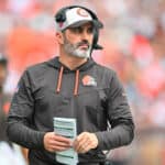 Head coach Kevin Stefanski of the Cleveland Browns looks on during the first half in the game against the Tennessee Titans at Cleveland Browns Stadium on September 24, 2023 in Cleveland, Ohio.