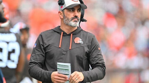 Head coach Kevin Stefanski of the Cleveland Browns looks on during the first half in the game against the Tennessee Titans at Cleveland Browns Stadium on September 24, 2023 in Cleveland, Ohio.