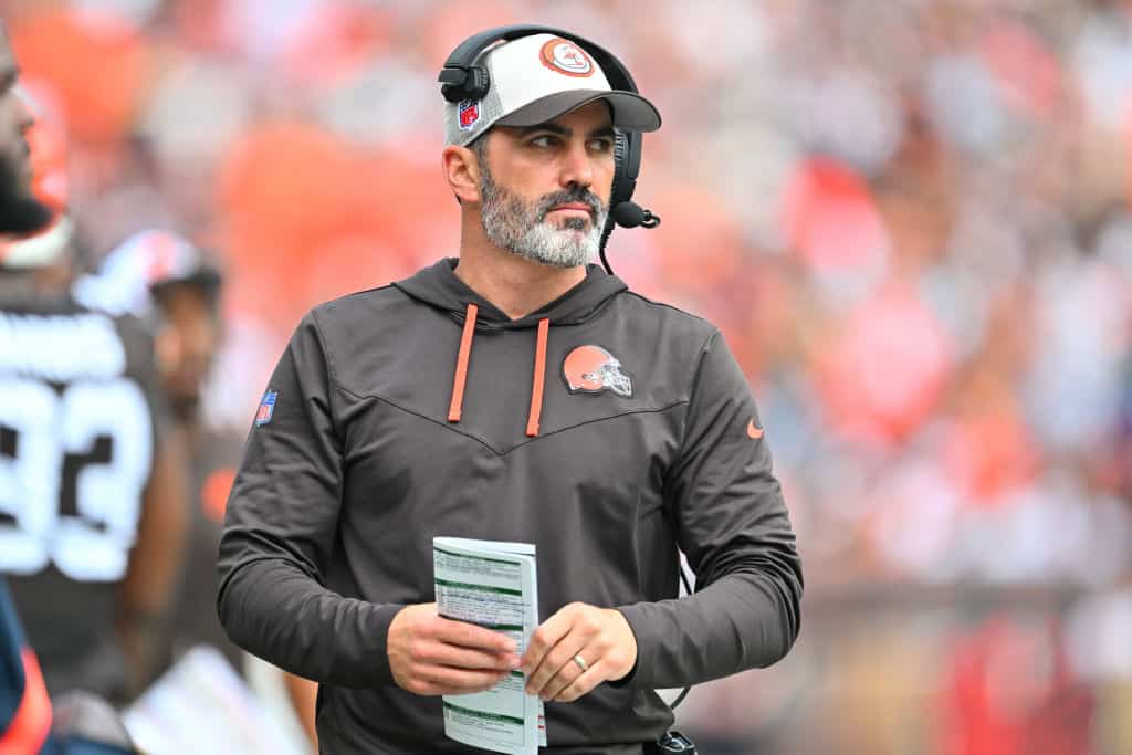 Head coach Kevin Stefanski of the Cleveland Browns looks on during the first half in the game against the Tennessee Titans at Cleveland Browns Stadium on September 24, 2023 in Cleveland, Ohio.