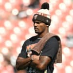 Deshaun Watson #4 of the Cleveland Browns looks on prior to a game against the Baltimore Ravens at Cleveland Browns Stadium on October 01, 2023 in Cleveland, Ohio.