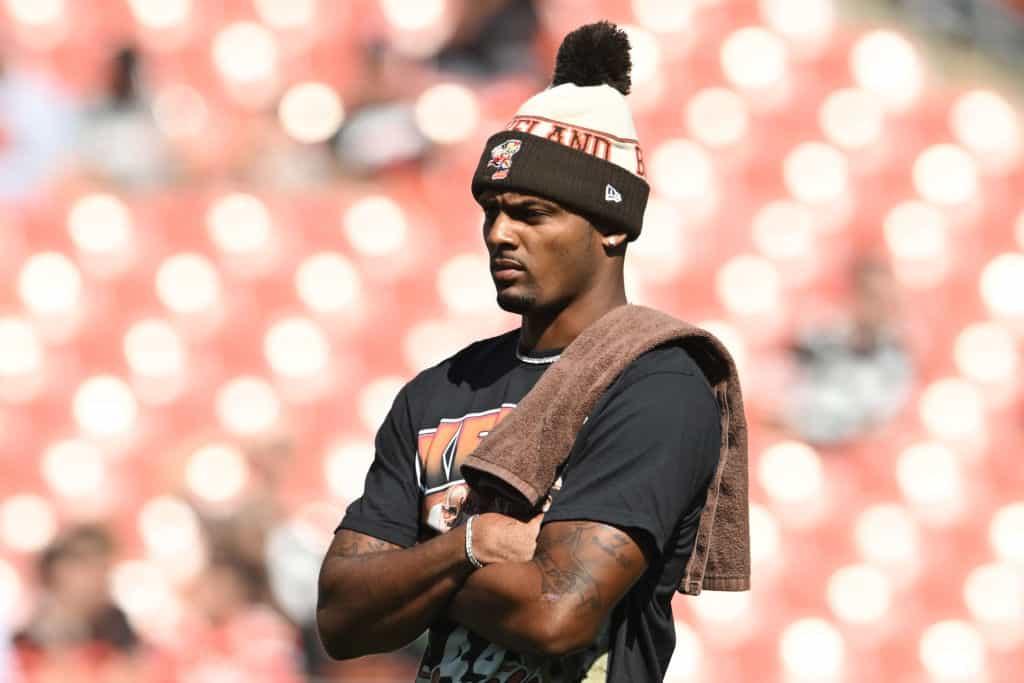 Deshaun Watson #4 of the Cleveland Browns looks on prior to a game against the Baltimore Ravens at Cleveland Browns Stadium on October 01, 2023 in Cleveland, Ohio.