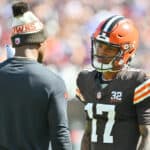 Deshaun Watson #4 of the Cleveland Browns talks to Dorian Thompson-Robinson #17 of the Cleveland Browns during the first half against the Baltimore Ravens at Cleveland Browns Stadium on October 01, 2023 in Cleveland, Ohio.