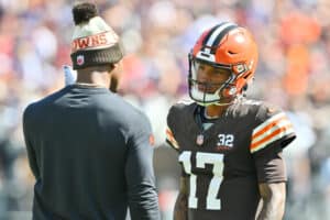 Deshaun Watson #4 of the Cleveland Browns talks to Dorian Thompson-Robinson #17 of the Cleveland Browns during the first half against the Baltimore Ravens at Cleveland Browns Stadium on October 01, 2023 in Cleveland, Ohio.