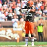Myles Garrett #95 of the Cleveland Browns celebrates after a sack during the second quarter against the Baltimore Ravens at Cleveland Browns Stadium on October 01, 2023 in Cleveland, Ohio.