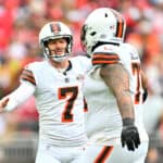 Dustin Hopkins #7 of the Cleveland Browns celebrates after a field goal during the third quarter against the San Francisco 49ers at Cleveland Browns Stadium on October 15, 2023 in Cleveland, Ohio.