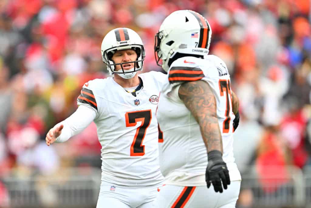 Dustin Hopkins #7 of the Cleveland Browns celebrates after a field goal during the third quarter against the San Francisco 49ers at Cleveland Browns Stadium on October 15, 2023 in Cleveland, Ohio.