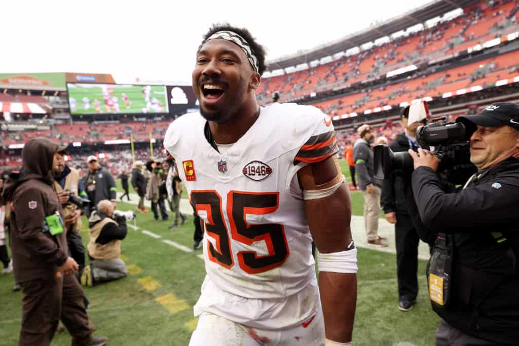 Myles Garrett #95 of the Cleveland Browns reacts after his team's 19-17 win against the San Francisco 49ers at Cleveland Browns Stadium on October 15, 2023 in Cleveland, Ohio.