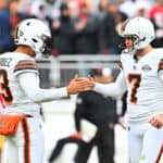 Corey Bojorquez #13 of the Cleveland Browns celebrates with Dustin Hopkins #7 of the Cleveland Browns after Hopkins' go ahead field goal during the fourth quarter against the San Francisco 49ers at Cleveland Browns Stadium on October 15, 2023 in Cleveland, Ohio.