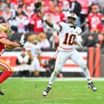 Talanoa Hufanga #29 of the San Francisco 49ers pressures PJ Walker #10 of the Cleveland Browns during the fourth quarter at Cleveland Browns Stadium on October 15, 2023 in Cleveland, Ohio.