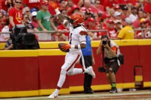 Juan Thornhill #1 of the Cleveland Browns celebrates a first quarter interception and touchdown during the first quarter of a preseason game against the Kansas City Chiefs at GEHA Field at Arrowhead Stadium on August 26, 2023 in Kansas City, Missouri.