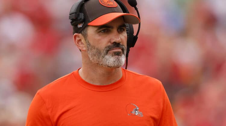 Cleveland Browns head coach Kevin Stefanski walks the sidelines during the second quarter of a preseason game against the Kansas City Chiefs at GEHA Field at Arrowhead Stadium on August 26, 2023 in Kansas City, Missouri.