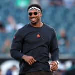 Myles Garrett #95 of the Cleveland Browns looks on before a preseason game against the Philadelphia Eagles at Lincoln Financial Field on August 17, 2023 in Philadelphia, Pennsylvania.