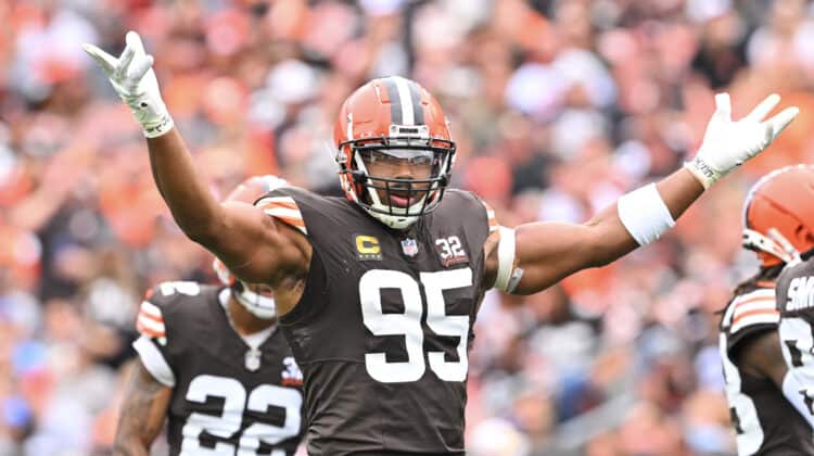 Myles Garrett #95 of the Cleveland Browns reacts after a play during the first half in the game against the Tennessee Titans at Cleveland Browns Stadium on September 24, 2023 in Cleveland, Ohio.