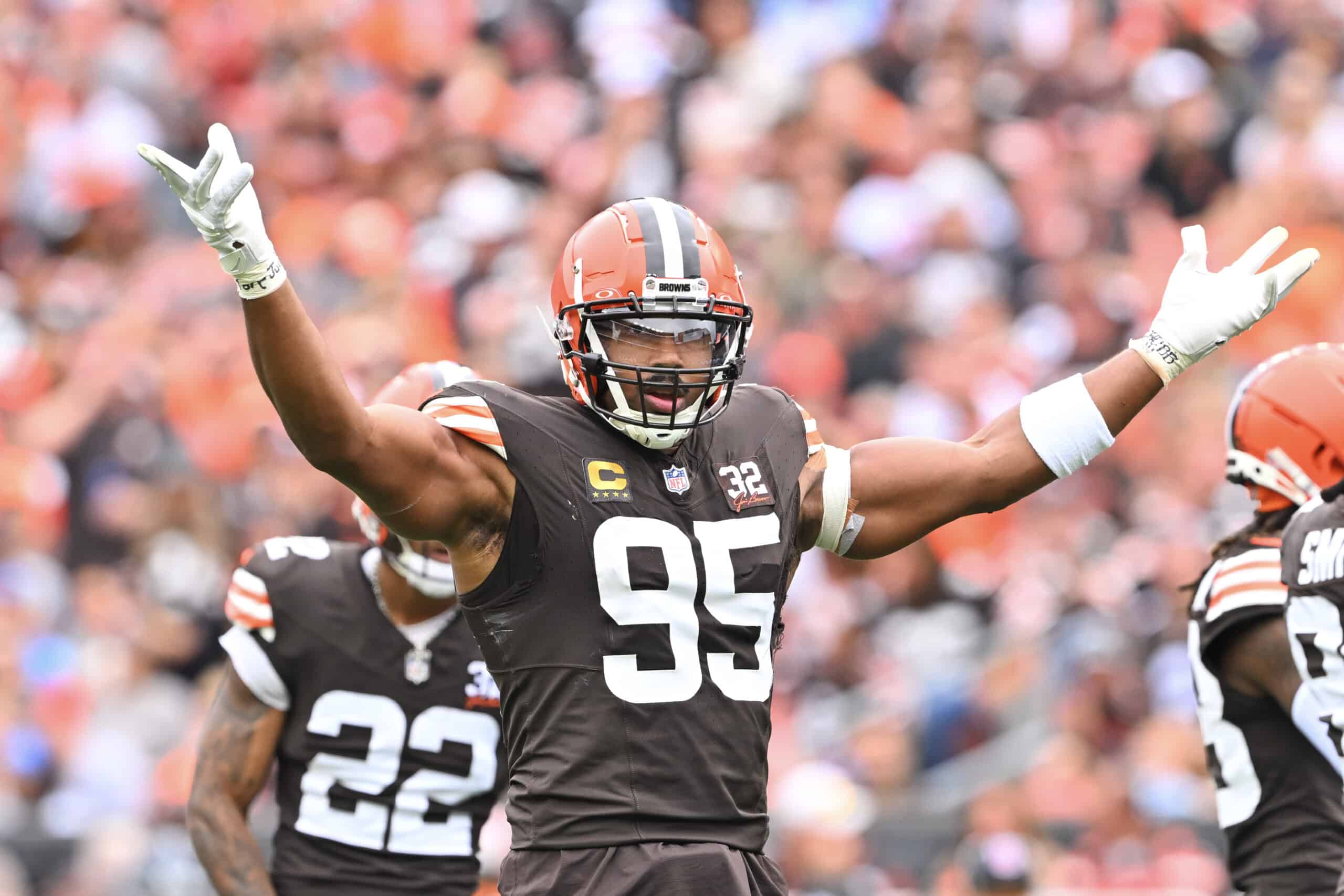 Myles Garrett #95 of the Cleveland Browns reacts after a play during the first half in the game against the Tennessee Titans at Cleveland Browns Stadium on September 24, 2023 in Cleveland, Ohio.