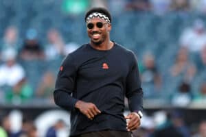 Myles Garrett #95 of the Cleveland Browns looks on before a preseason game against the Philadelphia Eagles at Lincoln Financial Field on August 17, 2023 in Philadelphia, Pennsylvania.