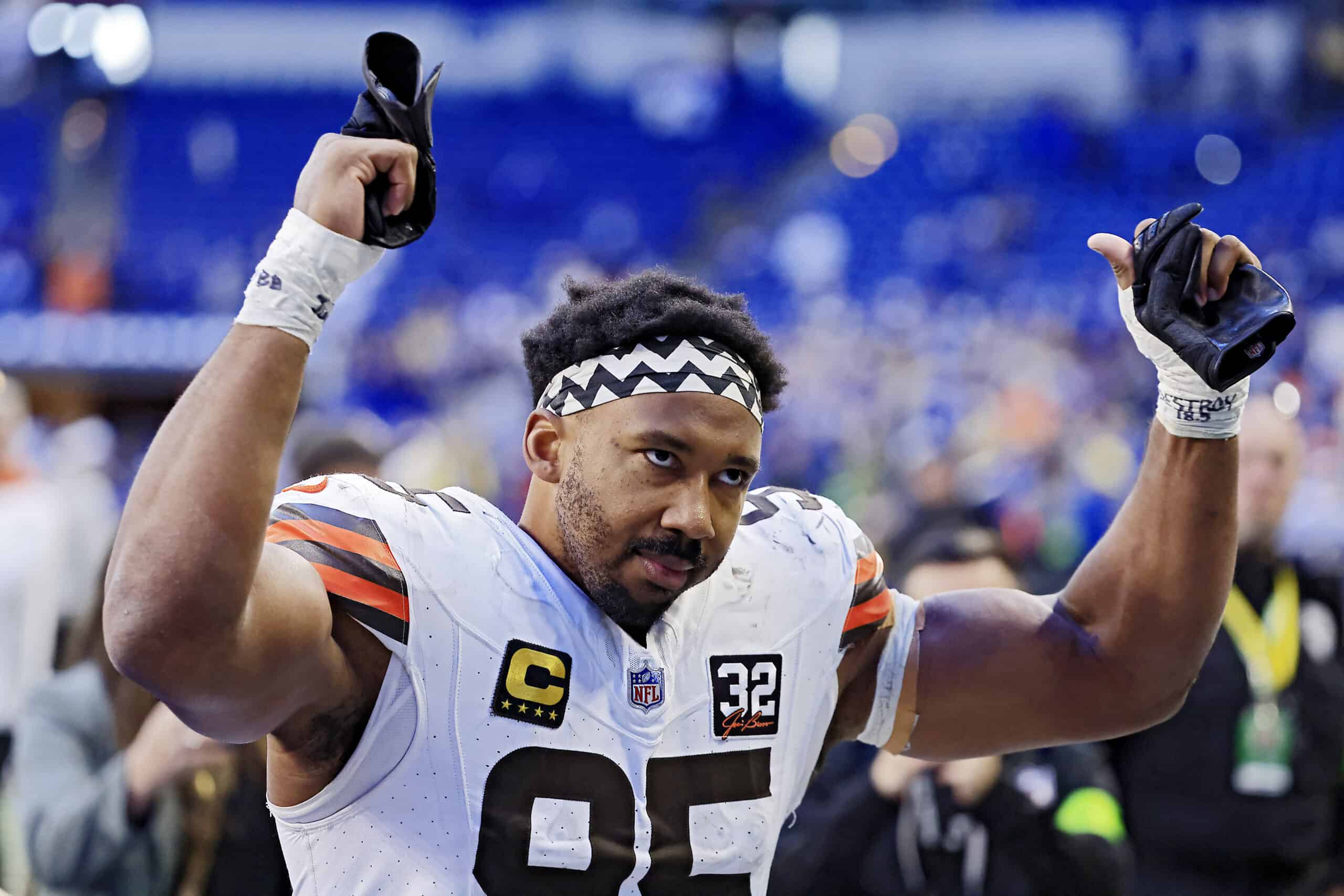 Myles Garrett #95 of the Cleveland Browns reacts as he leaves the field after the game against the Indianapolis Colts at Lucas Oil Stadium on October 22, 2023 in Indianapolis, Indiana.