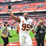 Myles Garrett #95 of the Cleveland Browns reacts after his team's 19-17 win against the San Francisco 49ers at Cleveland Browns Stadium on October 15, 2023 in Cleveland, Ohio.