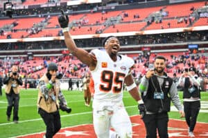 Myles Garrett #95 of the Cleveland Browns reacts after his team's 19-17 win against the San Francisco 49ers at Cleveland Browns Stadium on October 15, 2023 in Cleveland, Ohio.