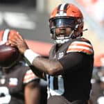 P. J. Walker #10 of the Cleveland Browns warms up prior to a game against the Baltimore Ravens at Cleveland Browns Stadium on October 01, 2023 in Cleveland, Ohio.