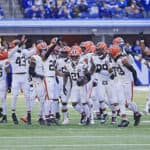Denzel Ward #21 of the Cleveland Browns celebrates with teammates after an interception during the fourth quarter against the Indianapolis Colts at Lucas Oil Stadium on October 22, 2023 in Indianapolis, Indiana.