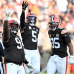 Dalvin Tomlinson #94 of the Cleveland Browns celebrates a sack during the fourth quarter of the game against the Arizona Cardinals at Cleveland Browns Stadium on November 05, 2023 in Cleveland, Ohio