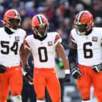 Jeremiah Owusu-Koramoah #6 of the Cleveland Browns celebrates after a defensive play against the Baltimore Ravens during the first quarter at M&T Bank Stadium on November 12, 2023 in Baltimore, Maryland.
