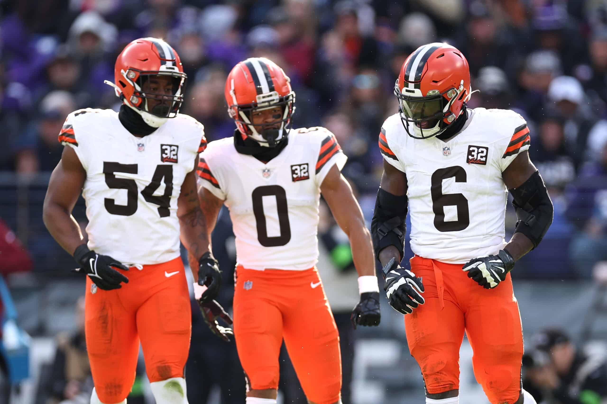 Jeremiah Owusu-Koramoah #6 of the Cleveland Browns celebrates after a defensive play against the Baltimore Ravens during the first quarter at M&T Bank Stadium on November 12, 2023 in Baltimore, Maryland.
