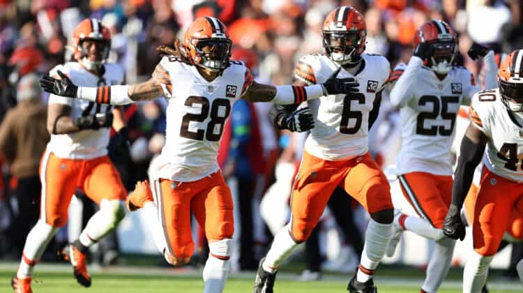 Mike Ford #28 of the Cleveland Browns reacts after intercepting a ball against the Baltimore Ravens during the second quarter at M&T Bank Stadium on November 12, 2023 in Baltimore, Maryland.