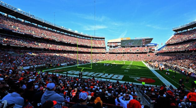 CLEVELAND, OHIO - NOVEMBER 05: An overall view of the stadium during the game between the Cleveland Browns and the Arizona Cardinals at Cleveland Browns Stadium on November 05, 2023 in Cleveland, Ohio.