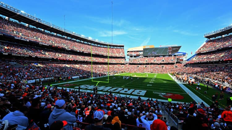 CLEVELAND, OHIO - NOVEMBER 05: An overall view of the stadium during the game between the Cleveland Browns and the Arizona Cardinals at Cleveland Browns Stadium on November 05, 2023 in Cleveland, Ohio.