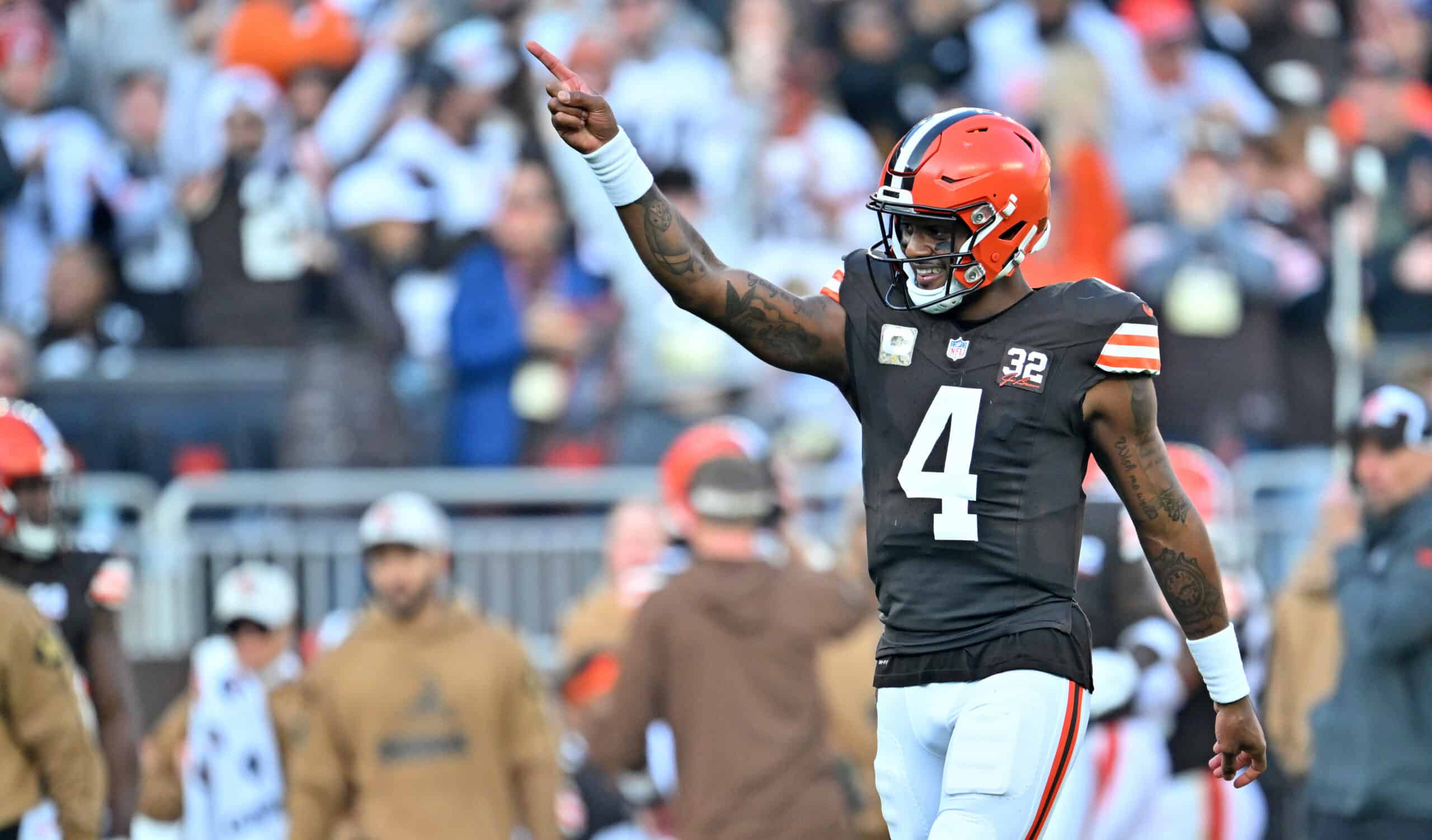 Deshaun Watson #4 of the Cleveland Browns celebrates a successful pass during the fourth quarter of the game against the Arizona Cardinals at Cleveland Browns Stadium on November 05, 2023 in Cleveland, Ohio.
