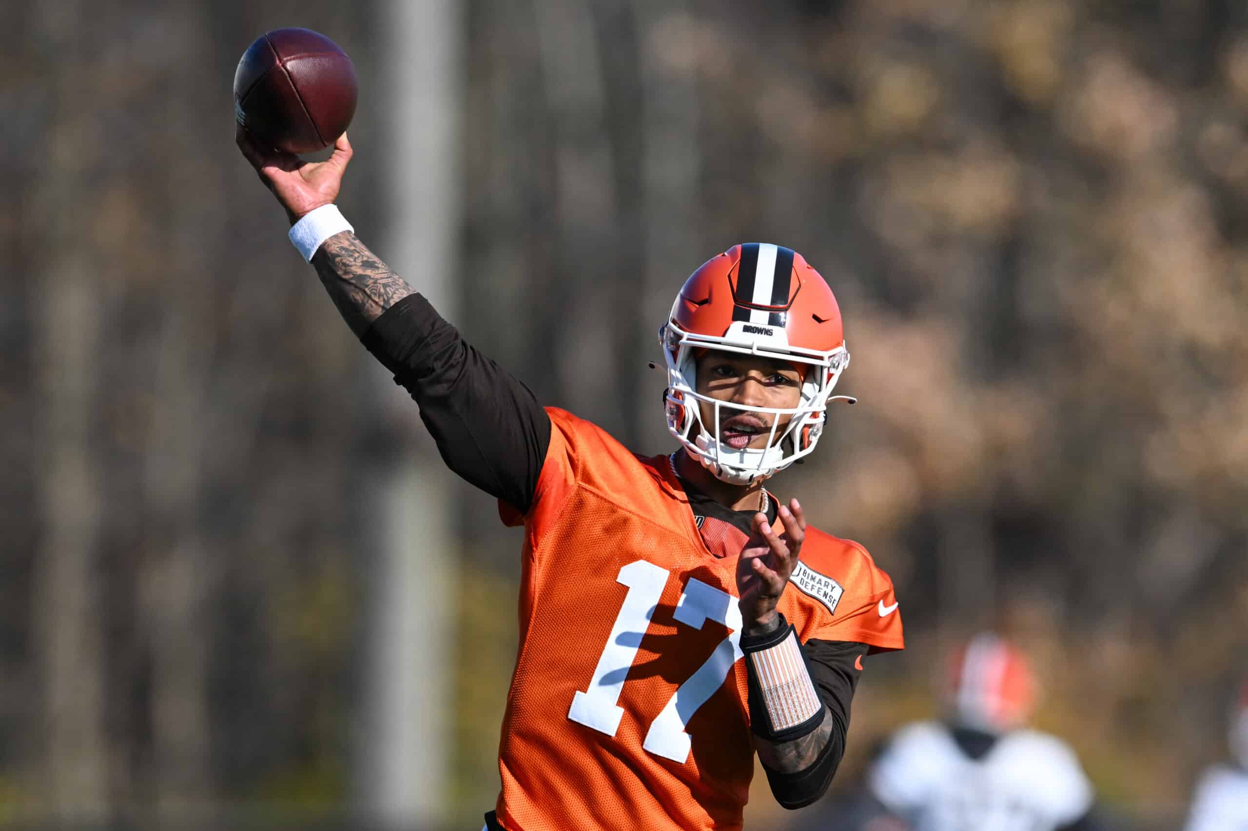 Dorian Thompson-Robinson #17 of the Cleveland Browns throws a pass during a practice at CrossCountry Mortgage Campus on November 15, 2023 in Berea, Ohio.