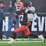 Dorian Thompson-Robinson #17 of the Cleveland Browns runs with the ball in the third quarter against the Pittsburgh Steelers at Cleveland Browns Stadium on November 19, 2023 in Cleveland, Ohio.