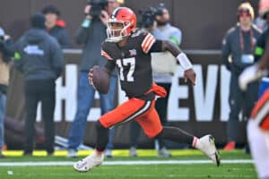 Dorian Thompson-Robinson #17 of the Cleveland Browns runs with the ball in the third quarter against the Pittsburgh Steelers at Cleveland Browns Stadium on November 19, 2023 in Cleveland, Ohio.