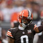 Greg Newsome II #0 of the Cleveland Browns reacts during the first half against the Cincinnati Bengals at Cleveland Browns Stadium on September 10, 2023 in Cleveland, Ohio.